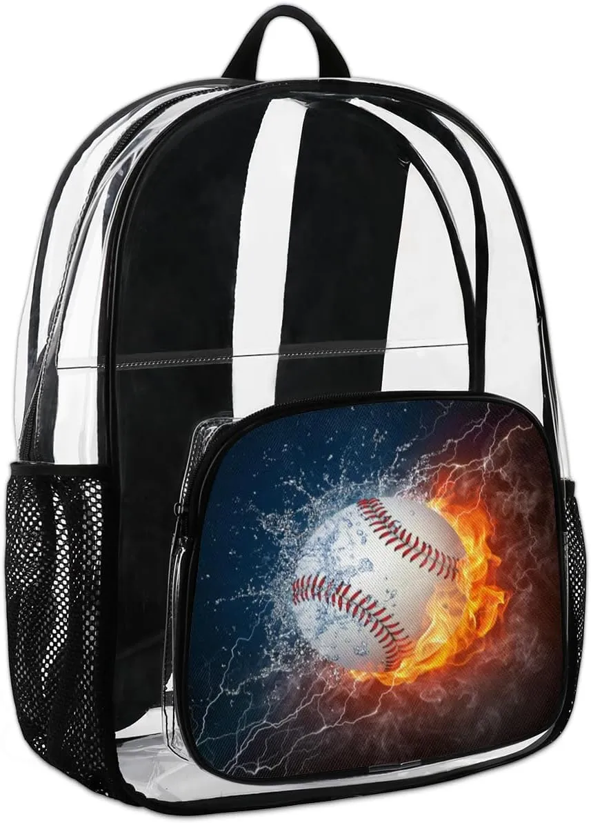 Customizable Clear Backpack for Women Men,Clear Bag for Stadium Events With Waterproof PVC Plastic Material,Baseball in Fire and Water - L