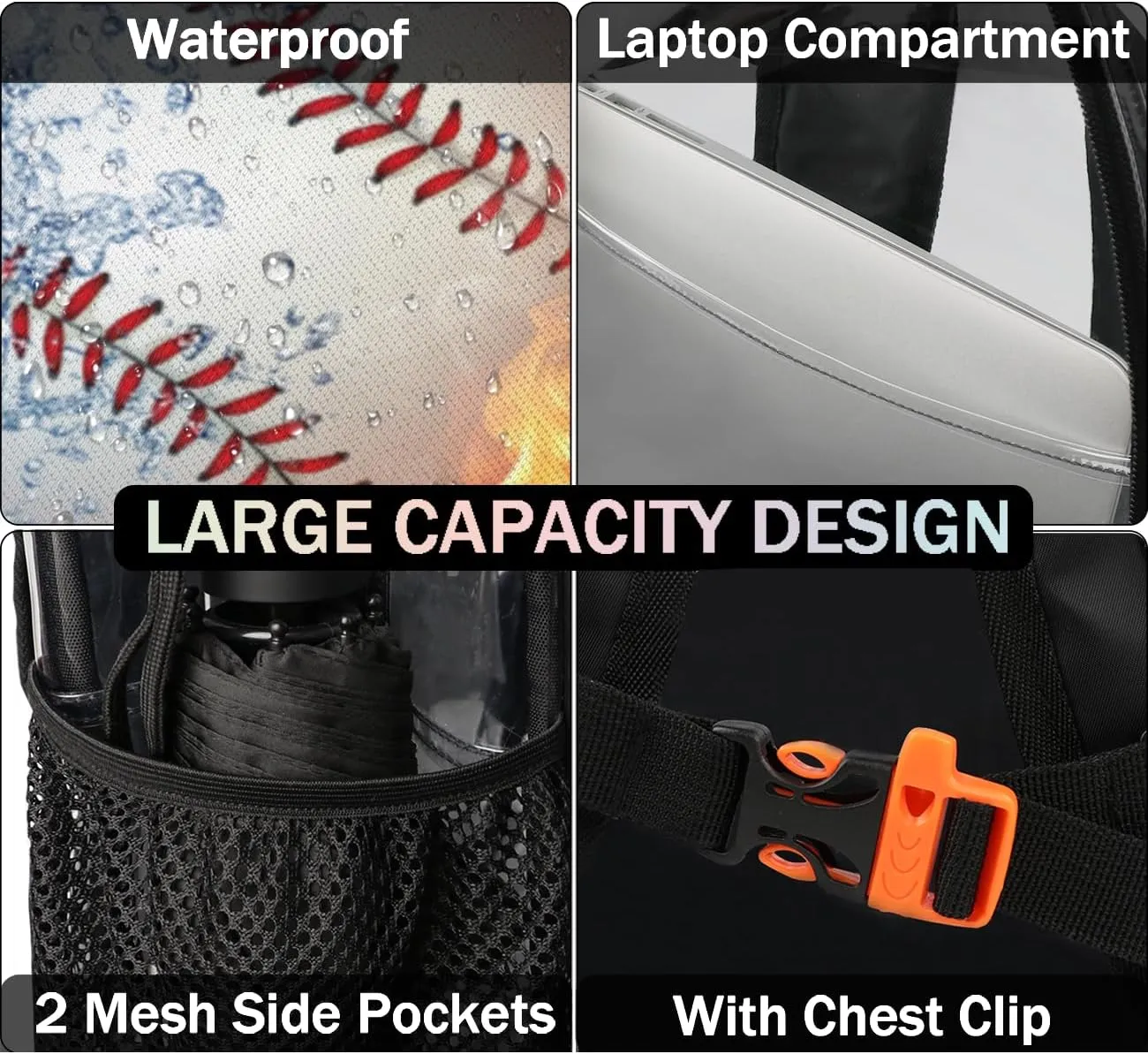 Customizable Clear Backpack for Women Men,Clear Bag for Stadium Events With Waterproof PVC Plastic Material,Baseball in Fire and Water - L