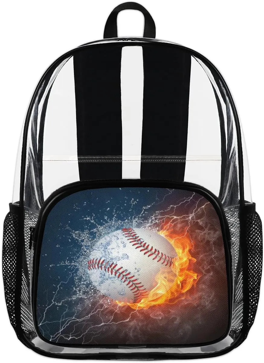 Customizable Clear Backpack for Women Men,Clear Bag for Stadium Events With Waterproof PVC Plastic Material,Baseball in Fire and Water - L