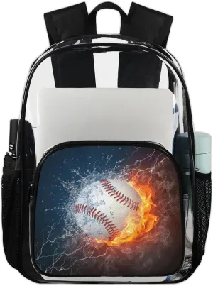 Customizable Clear Backpack for Women Men,Clear Bag for Stadium Events With Waterproof PVC Plastic Material,Baseball in Fire and Water - L