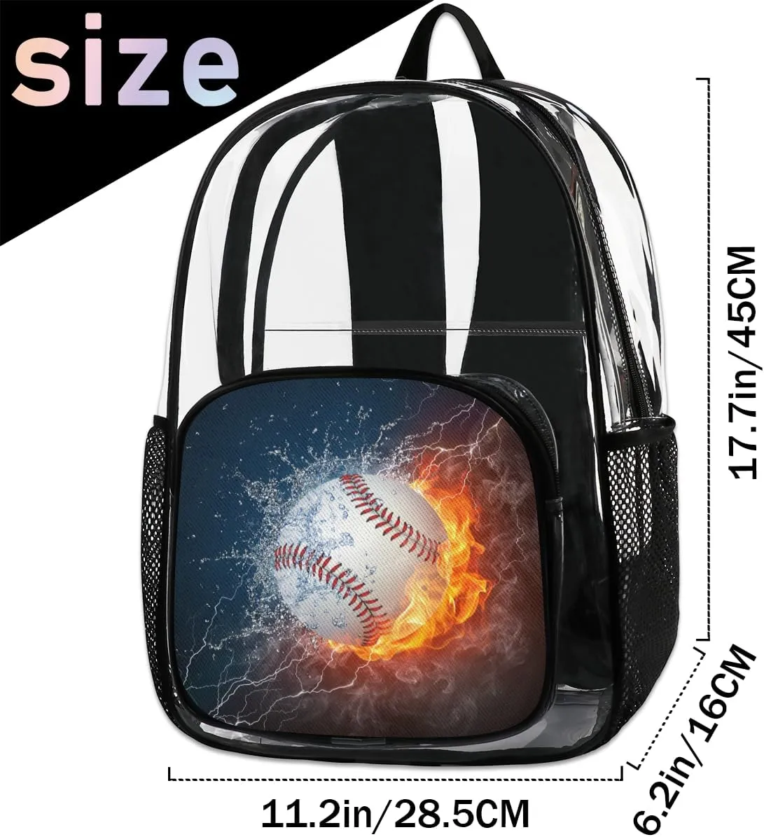 Customizable Clear Backpack for Women Men,Clear Bag for Stadium Events With Waterproof PVC Plastic Material,Baseball in Fire and Water - L