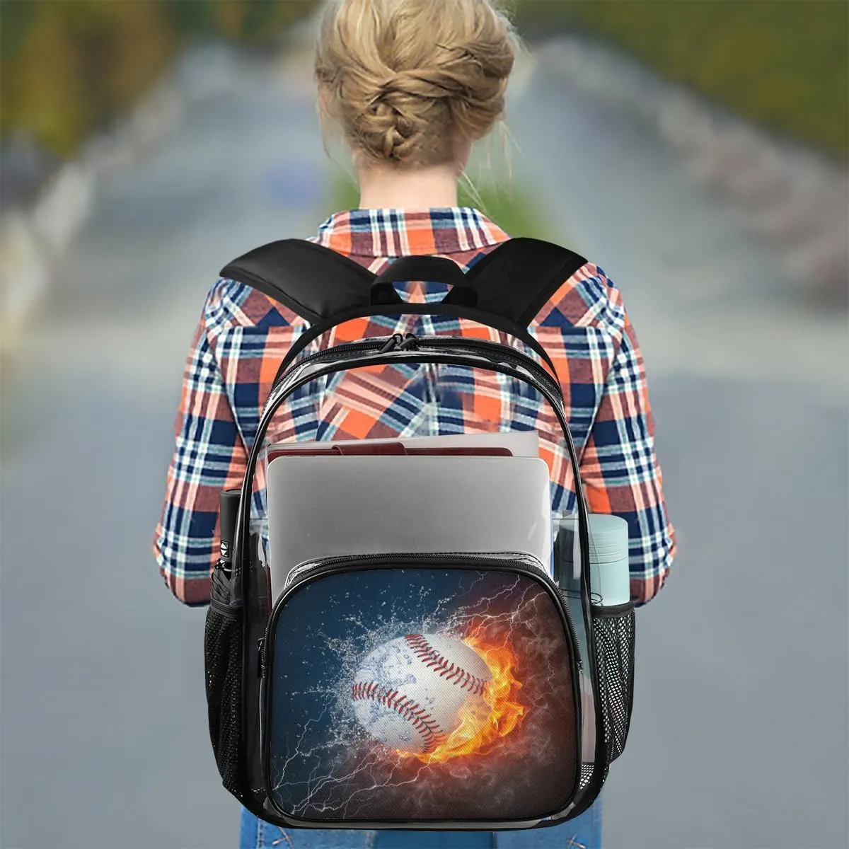 Customizable Clear Backpack for Women Men,Clear Bag for Stadium Events With Waterproof PVC Plastic Material,Baseball in Fire and Water - L