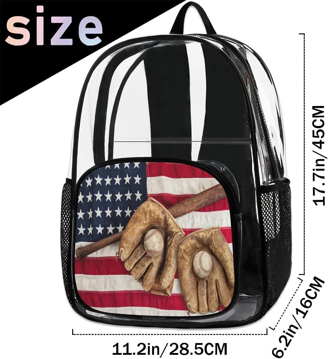 Customizable Clear Backpack for Women Men,Clear Bag for Stadium Events With Waterproof PVC Plastic Material,Baseballs Flag - L