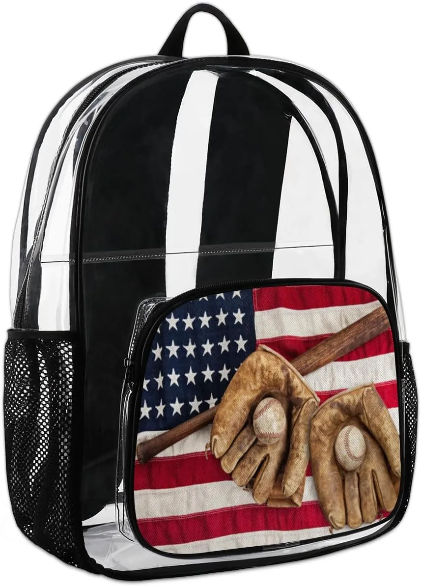 Customizable Clear Backpack for Women Men,Clear Bag for Stadium Events With Waterproof PVC Plastic Material,Baseballs Flag - L