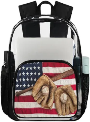 Customizable Clear Backpack for Women Men,Clear Bag for Stadium Events With Waterproof PVC Plastic Material,Baseballs Flag - L