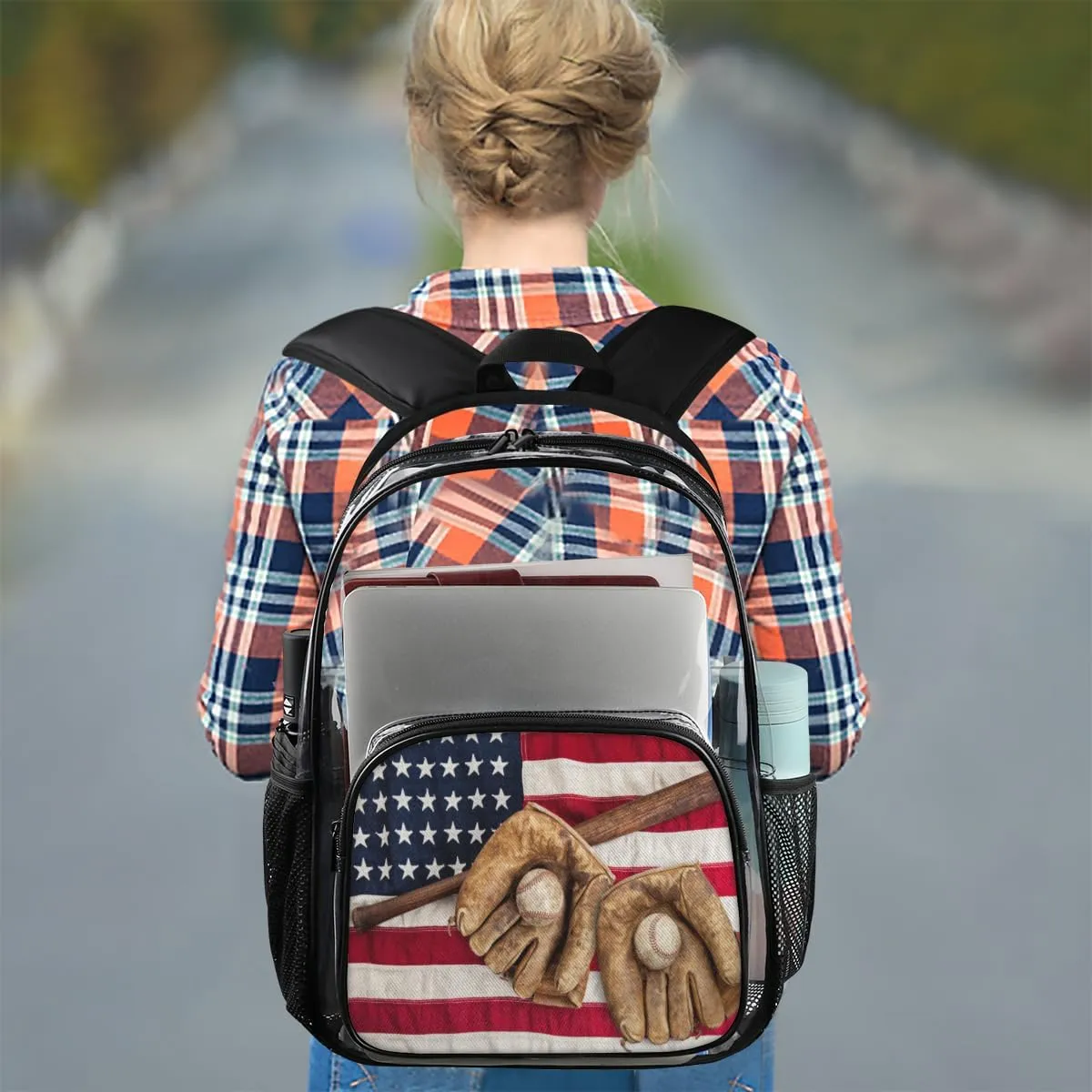 Customizable Clear Backpack for Women Men,Clear Bag for Stadium Events With Waterproof PVC Plastic Material,Baseballs Flag - L
