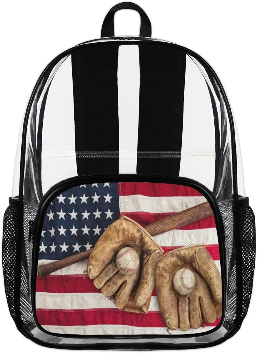 Customizable Clear Backpack for Women Men,Clear Bag for Stadium Events With Waterproof PVC Plastic Material,Baseballs Flag - L