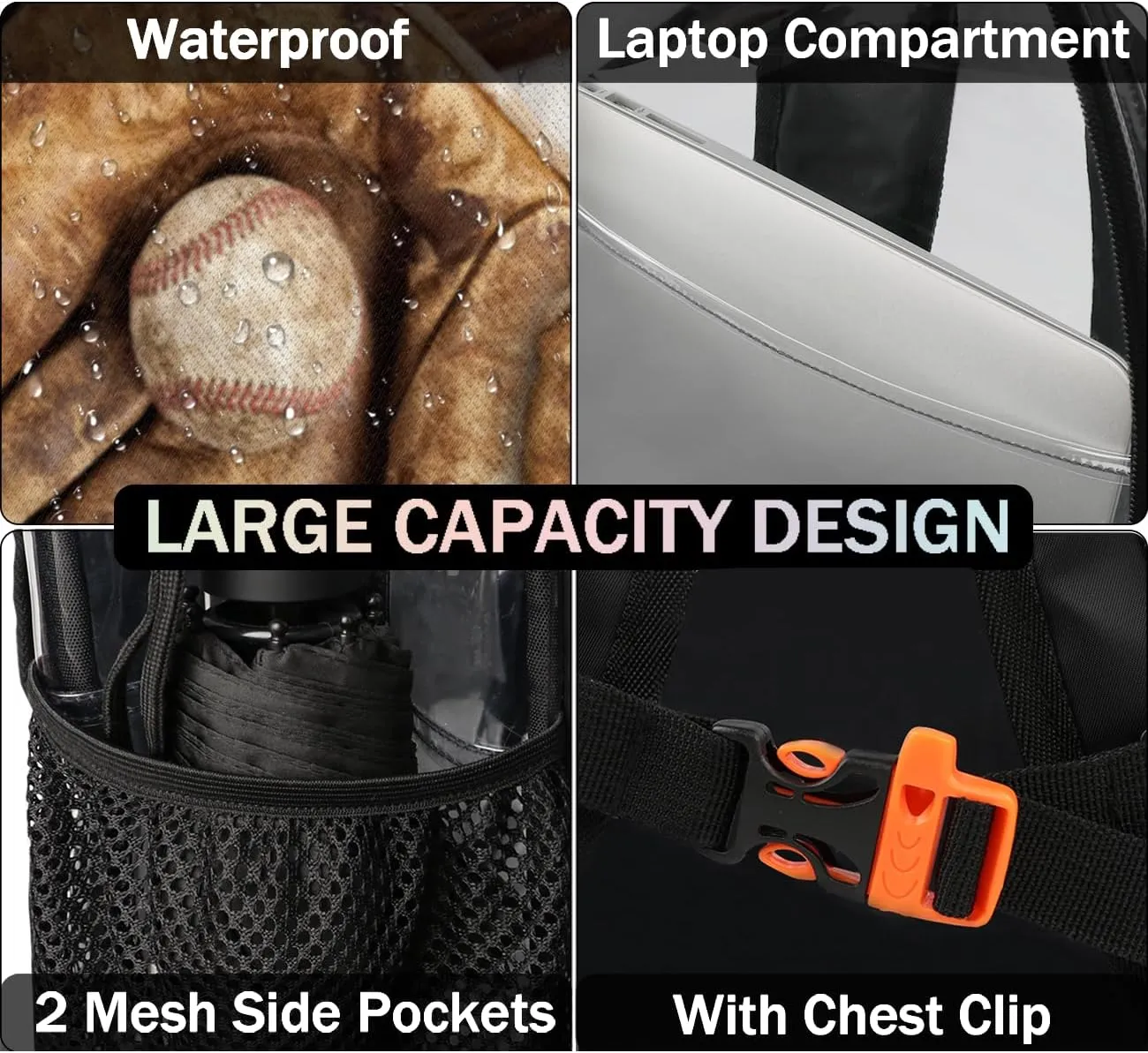 Customizable Clear Backpack for Women Men,Clear Bag for Stadium Events With Waterproof PVC Plastic Material,Baseballs Flag - L