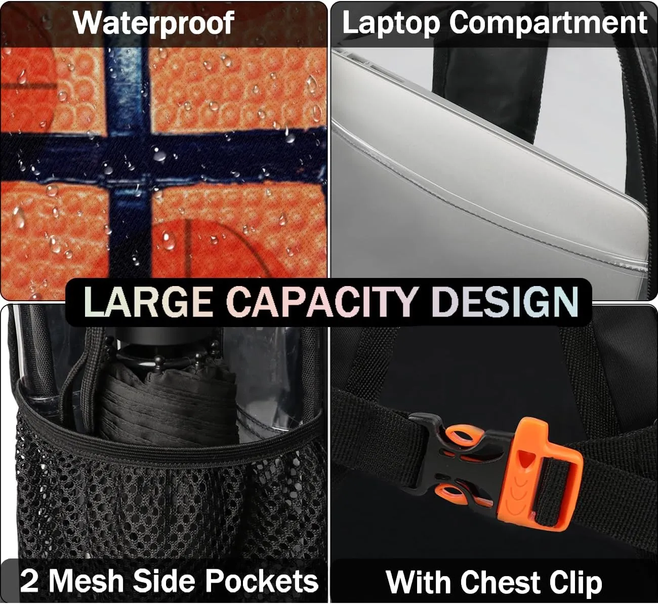 Customizable Clear Backpack for Women Men,Clear Bag for Stadium Events With Waterproof PVC Plastic Material,Basketball Ball - L