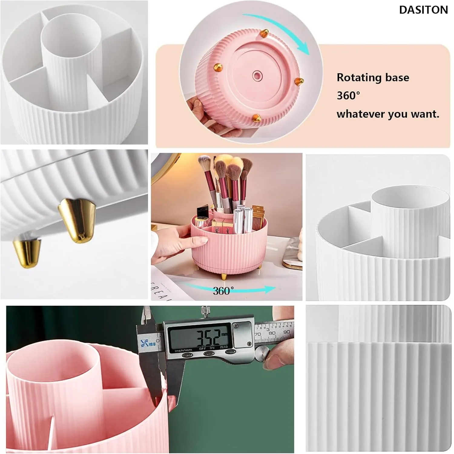 DASITON Large Capacity Makeup Brush Holder,360° Rotating Makeup Organizer,5 Slot Makeup Brushes Cup,for Vanity Decor,Bathroom Countertops,Desk Storage Container,Cosmetic Display cases（Pink