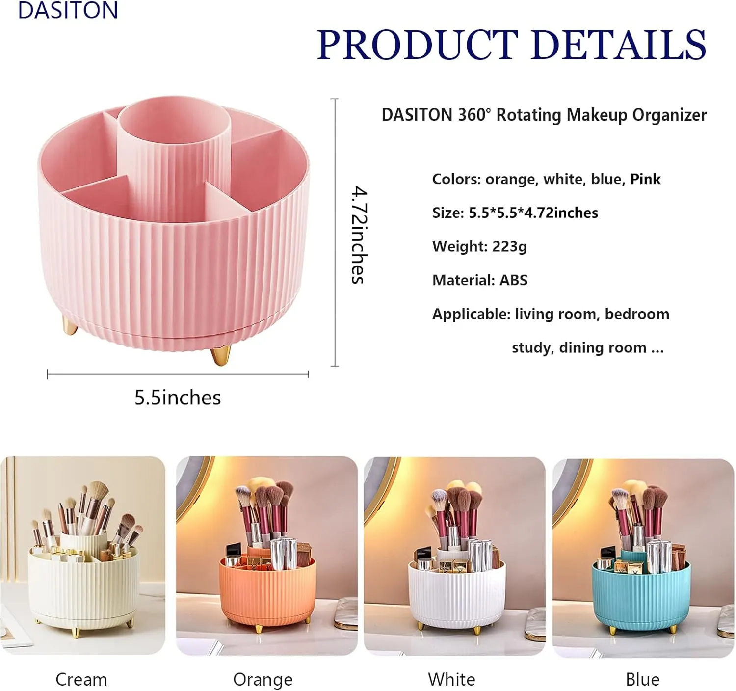 DASITON Large Capacity Makeup Brush Holder,360° Rotating Makeup Organizer,5 Slot Makeup Brushes Cup,for Vanity Decor,Bathroom Countertops,Desk Storage Container,Cosmetic Display cases（Pink