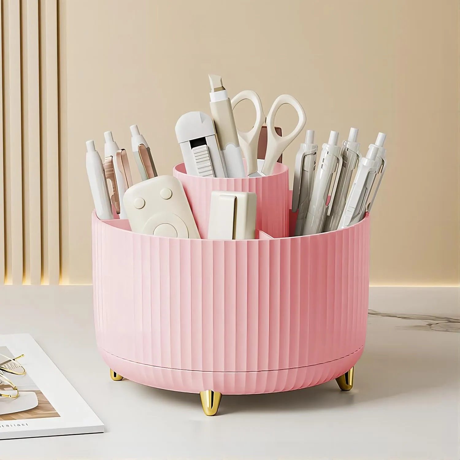 DASITON Large Capacity Makeup Brush Holder,360° Rotating Makeup Organizer,5 Slot Makeup Brushes Cup,for Vanity Decor,Bathroom Countertops,Desk Storage Container,Cosmetic Display cases（Pink