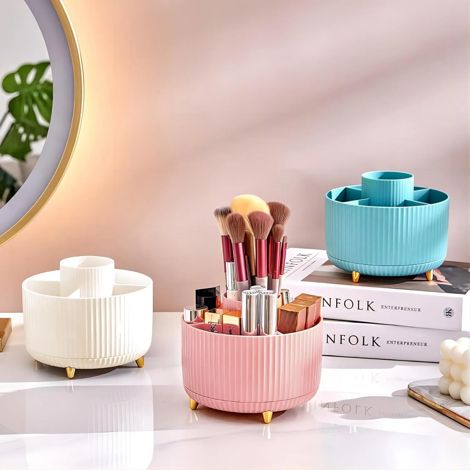DASITON Large Capacity Makeup Brush Holder,360° Rotating Makeup Organizer,5 Slot Makeup Brushes Cup,for Vanity Decor,Bathroom Countertops,Desk Storage Container,Cosmetic Display cases（Pink