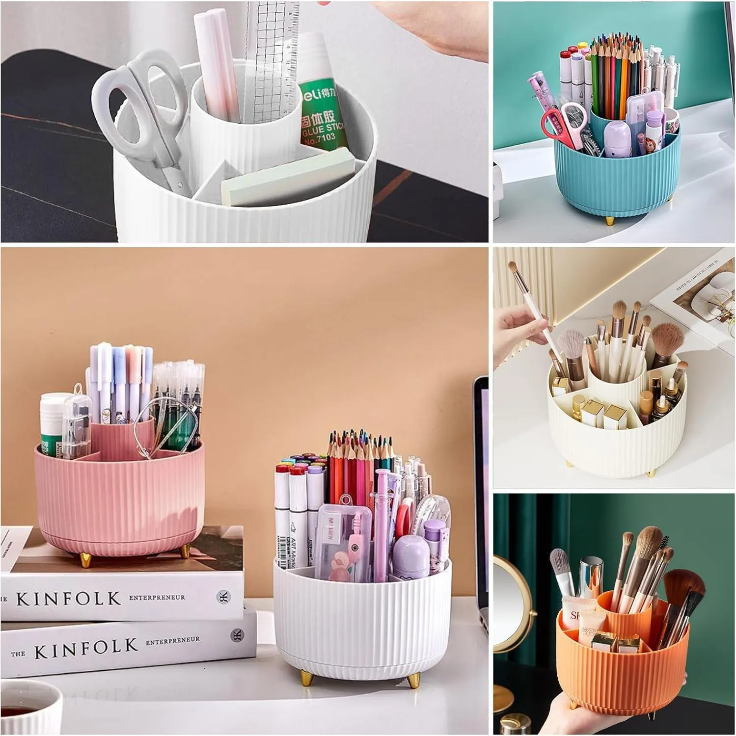 DASITON Large Capacity Makeup Brush Holder,360° Rotating Makeup Organizer,5 Slot Makeup Brushes Cup,for Vanity Decor,Bathroom Countertops,Desk Storage Container,Cosmetic Display cases（Pink