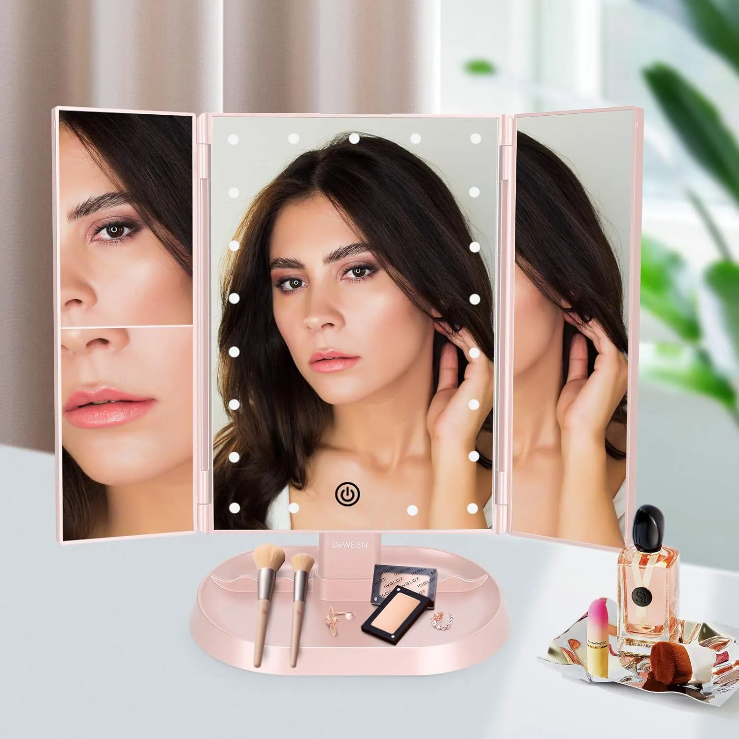 deweisn Trifold Lighted Vanity Makeup Mirror with 21 LED Lights,1x/2x/3x Magnification and Touch Screen Dimming,Two Power Supplies Makeup Mirror, Gift for Women