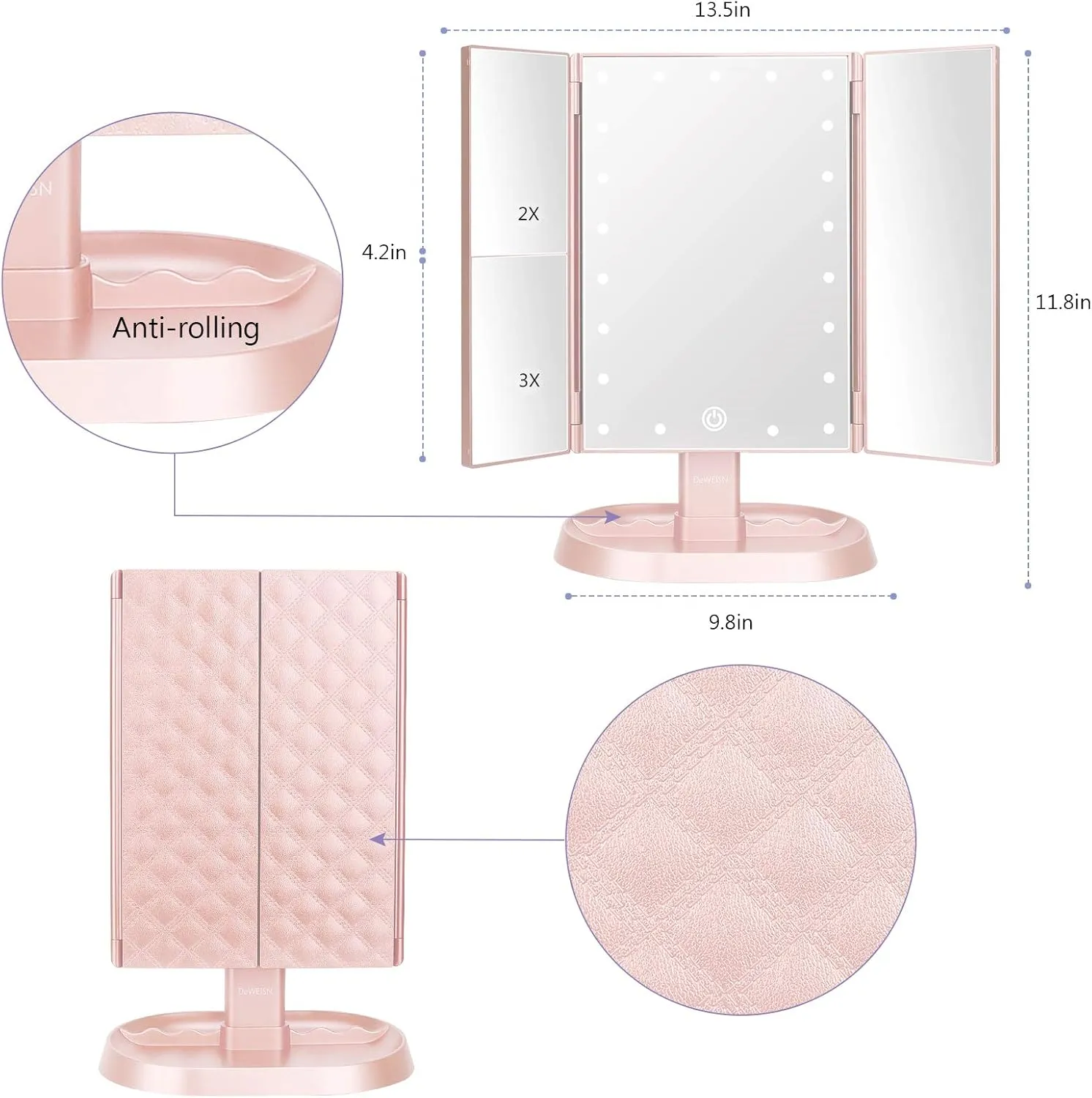 deweisn Trifold Lighted Vanity Makeup Mirror with 21 LED Lights,1x/2x/3x Magnification and Touch Screen Dimming,Two Power Supplies Makeup Mirror, Gift for Women