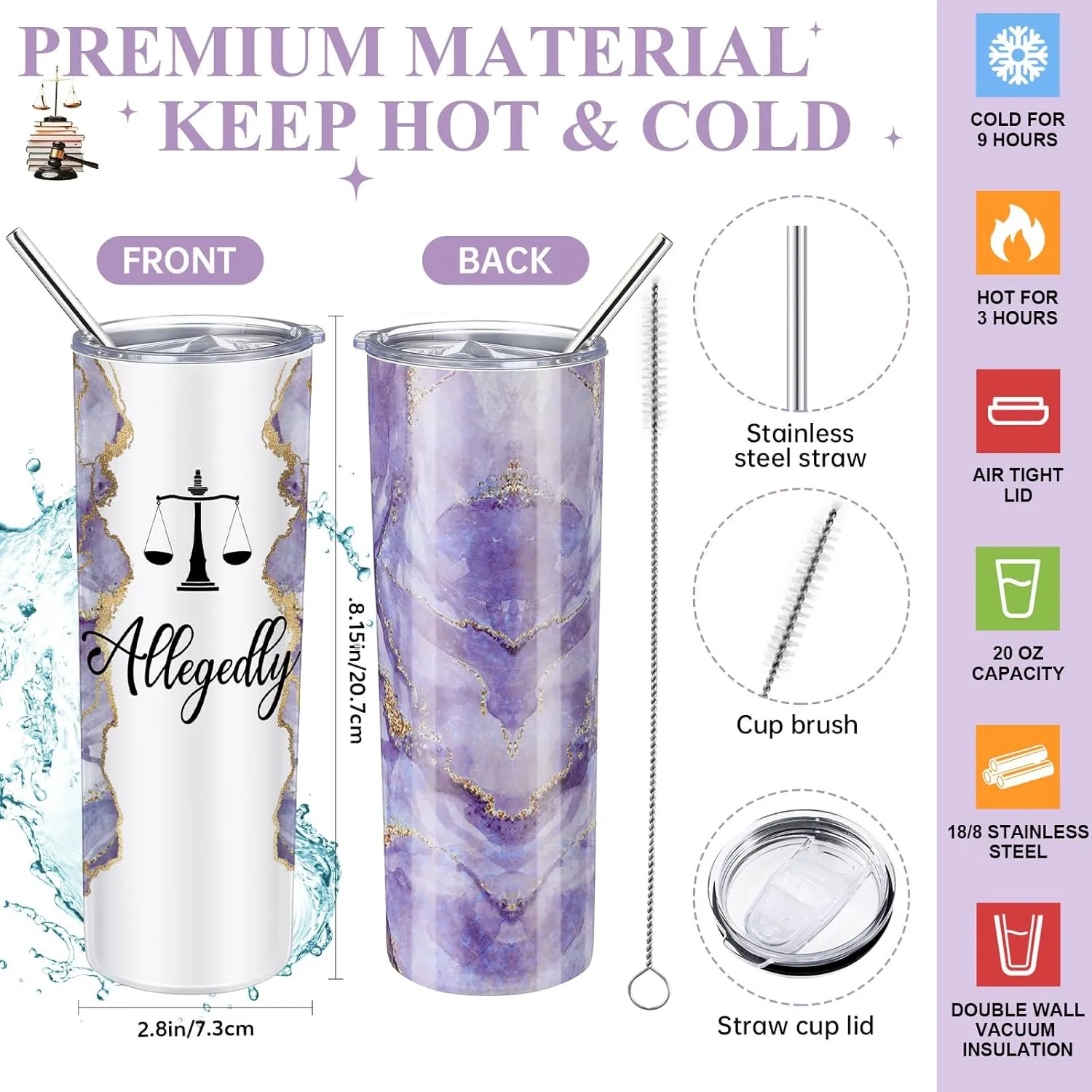 Domensi 6 Pcs Funny Allegedly Lawyer Gifts Judge Gift Lawyer Appreciation Day Gift 20 oz Marble Sign Tumbler Makeup Bag Notepad Ballpoints for Law Paralegal School College Teacher(Purple)
