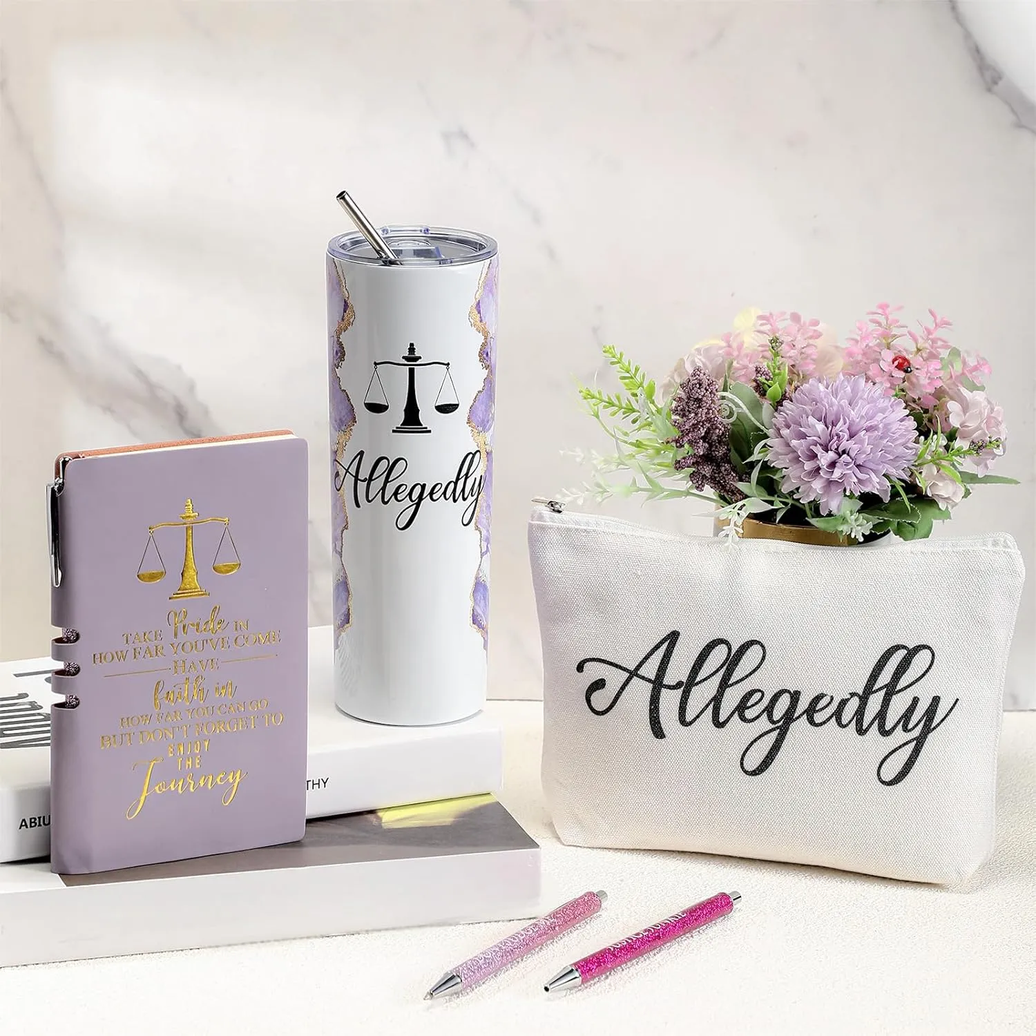 Domensi 6 Pcs Funny Allegedly Lawyer Gifts Judge Gift Lawyer Appreciation Day Gift 20 oz Marble Sign Tumbler Makeup Bag Notepad Ballpoints for Law Paralegal School College Teacher(Purple)