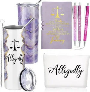 Domensi 6 Pcs Funny Allegedly Lawyer Gifts Judge Gift Lawyer Appreciation Day Gift 20 oz Marble Sign Tumbler Makeup Bag Notepad Ballpoints for Law Paralegal School College Teacher(Purple)