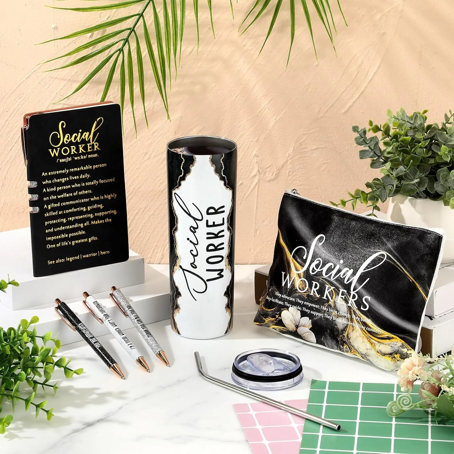 Domensi 6 Pcs Social Worker Appreciation Gifts for Women Include 20oz Tumbler Makeup Bag A6 Leather Notebook with Ballpoint Pens Graduation School Social Worker Gift for Boss Professor Office(Black)