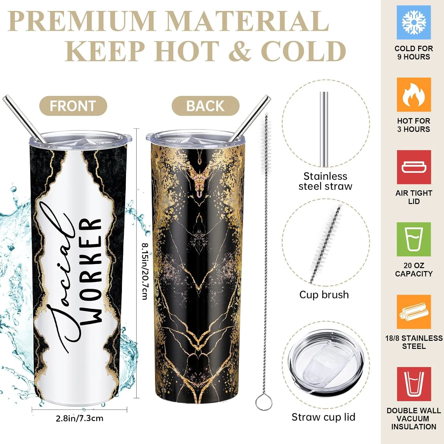 Domensi 6 Pcs Social Worker Appreciation Gifts for Women Include 20oz Tumbler Makeup Bag A6 Leather Notebook with Ballpoint Pens Graduation School Social Worker Gift for Boss Professor Office(Black)