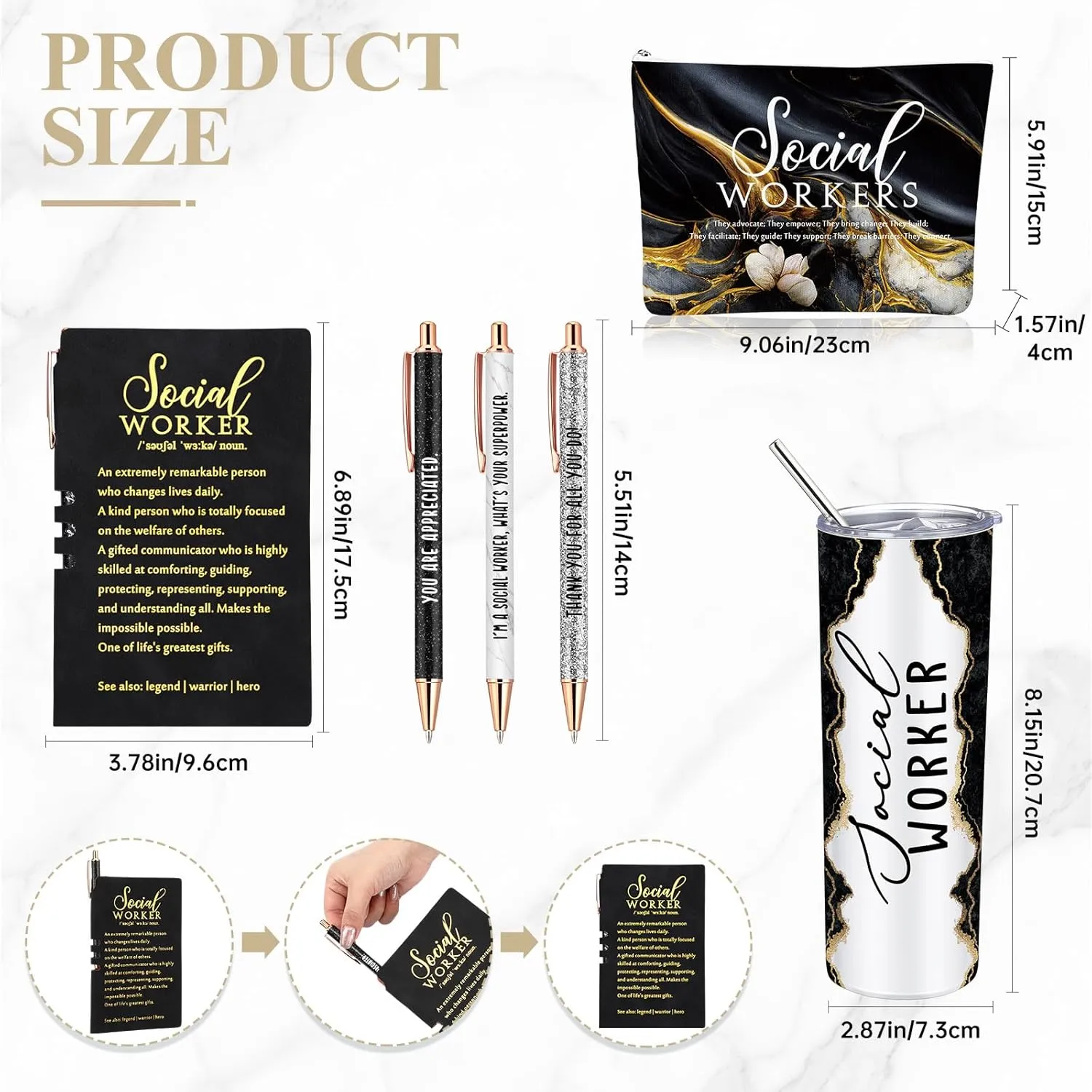 Domensi 6 Pcs Social Worker Appreciation Gifts for Women Include 20oz Tumbler Makeup Bag A6 Leather Notebook with Ballpoint Pens Graduation School Social Worker Gift for Boss Professor Office(Black)