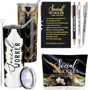 Domensi 6 Pcs Social Worker Appreciation Gifts for Women Include 20oz Tumbler Makeup Bag A6 Leather Notebook with Ballpoint Pens Graduation School Social Worker Gift for Boss Professor Office(Black)