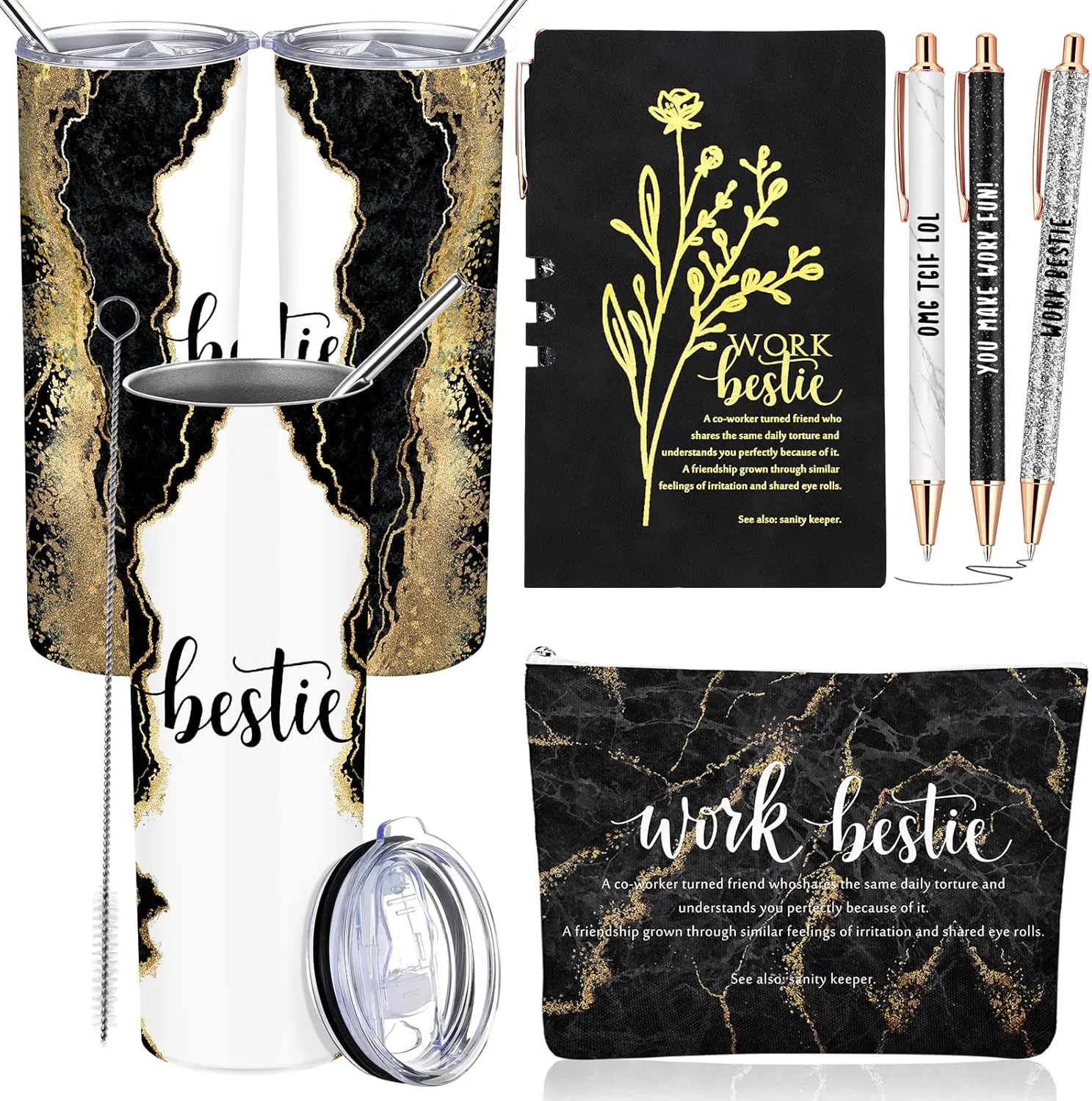 Domensi 6 Pcs Work Bestie Gifts for Women Appreciation Gifts for Coworkers 20 oz Tumbler Makeup Bag Leather Journal Ballpoint Pen Thank you Present for Work Bestie Female Leader(Black)