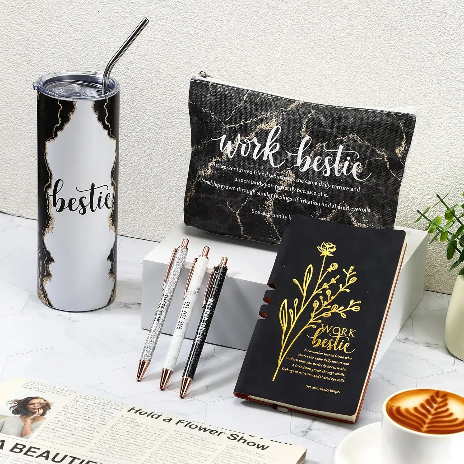 Domensi 6 Pcs Work Bestie Gifts for Women Appreciation Gifts for Coworkers 20 oz Tumbler Makeup Bag Leather Journal Ballpoint Pen Thank you Present for Work Bestie Female Leader(Black)