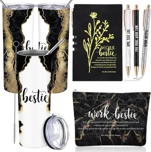 Domensi 6 Pcs Work Bestie Gifts for Women Appreciation Gifts for Coworkers 20 oz Tumbler Makeup Bag Leather Journal Ballpoint Pen Thank you Present for Work Bestie Female Leader(Black)