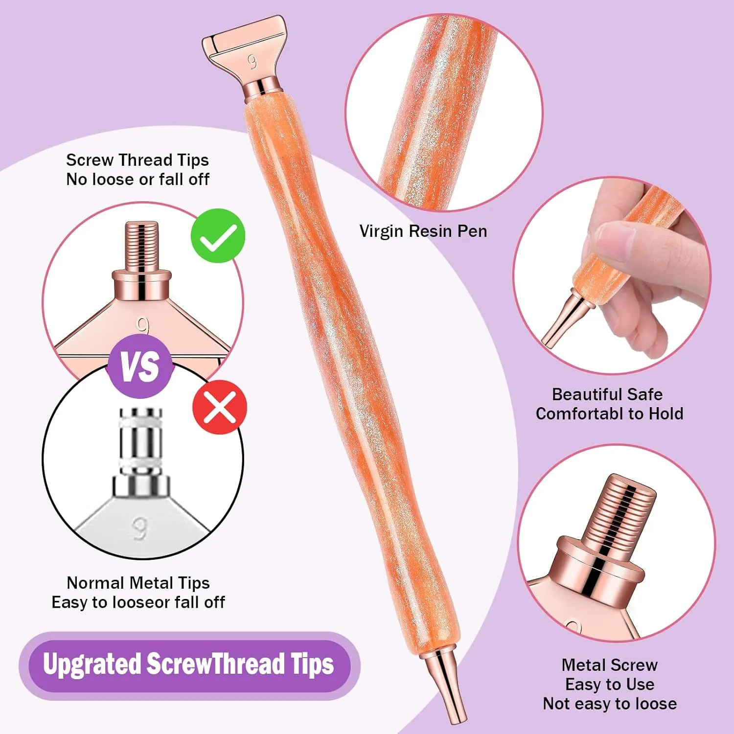 DoreenBow 21Pcs Diamond Art Painting Tools Glitter Diamond Art Pen Stainless Screw Thread Tips Multi Placer Tips Ergonomic Diamond Art Painting Accessories for Adults with 6 Clay, Rose Gold