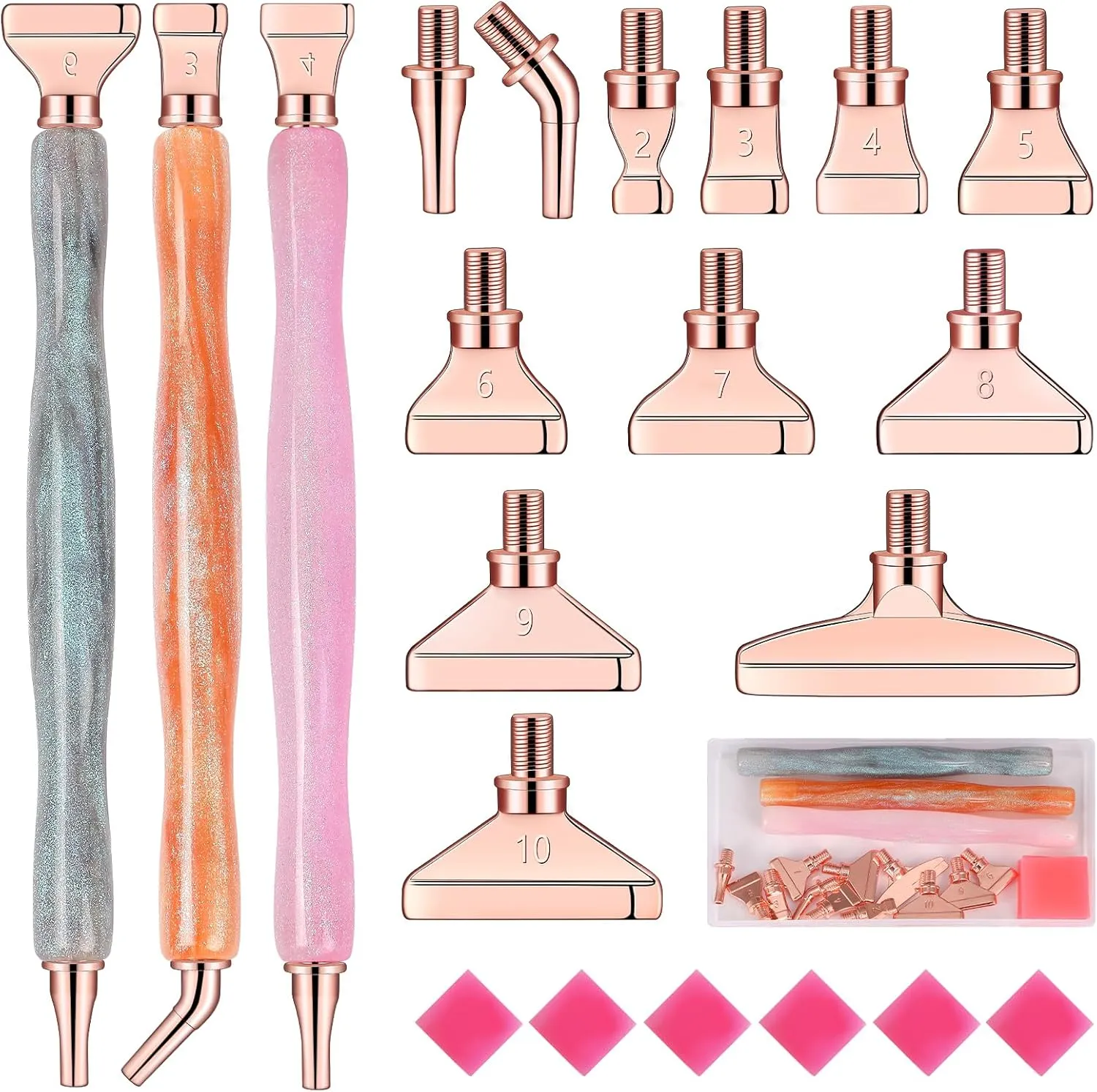 DoreenBow 21Pcs Diamond Art Painting Tools Glitter Diamond Art Pen Stainless Screw Thread Tips Multi Placer Tips Ergonomic Diamond Art Painting Accessories for Adults with 6 Clay, Rose Gold