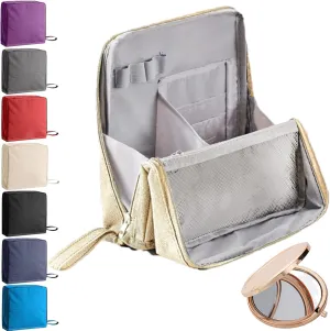 Doresty Makeup Bag, Standing Makeup Bag – Portable, Large Capacity, Multifunctional Travel Makeup Bag with 8 Compartments, Waterproof Cosmetic Toiletry Bags with Handle for Women (Beige)
