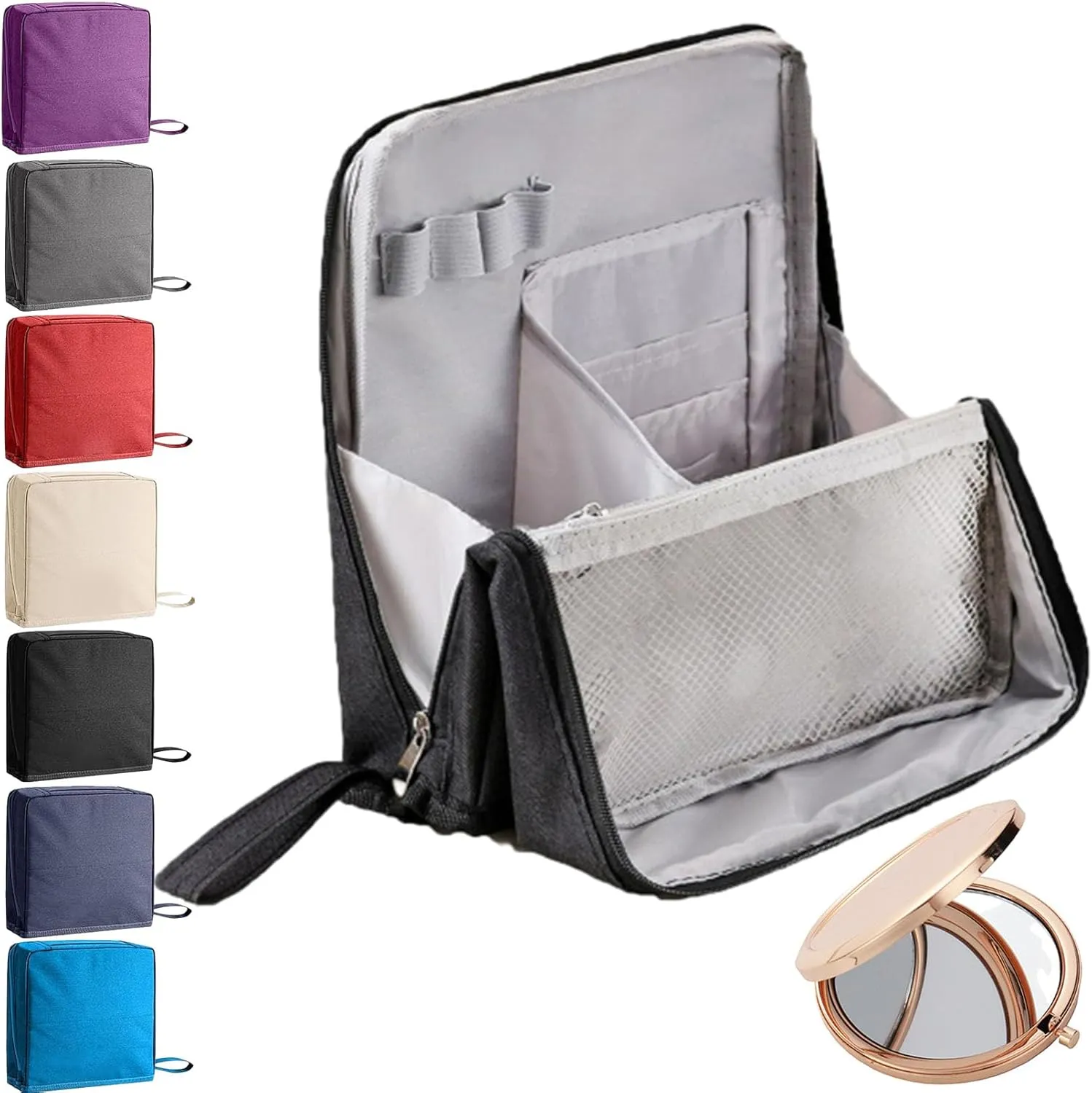 Doresty Makeup Bag, Standing Makeup Bag – Portable, Large Capacity, Multifunctional Travel Makeup Bag with 8 Compartments, Waterproof Cosmetic Toiletry Bags with Handle for Women (Black)