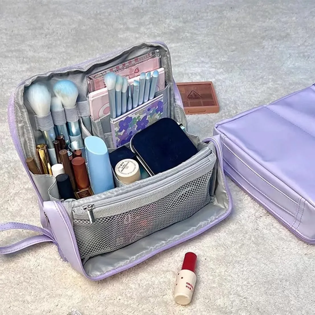 Doresty Makeup Bag, Standing Makeup Bag – Portable, Large Capacity, Multifunctional Travel Makeup Bag with 8 Compartments, Waterproof Cosmetic Toiletry Bags with Handle for Women (Black)