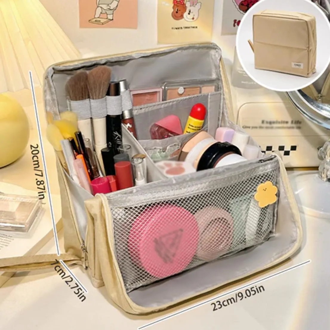 Doresty Makeup Bag, Standing Makeup Bag – Portable, Large Capacity, Multifunctional Travel Makeup Bag with 8 Compartments, Waterproof Cosmetic Toiletry Bags with Handle for Women (Black)