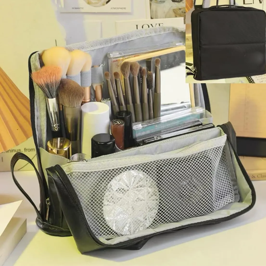 Doresty Makeup Bag, Standing Makeup Bag – Portable, Large Capacity, Multifunctional Travel Makeup Bag with 8 Compartments, Waterproof Cosmetic Toiletry Bags with Handle for Women (Black)