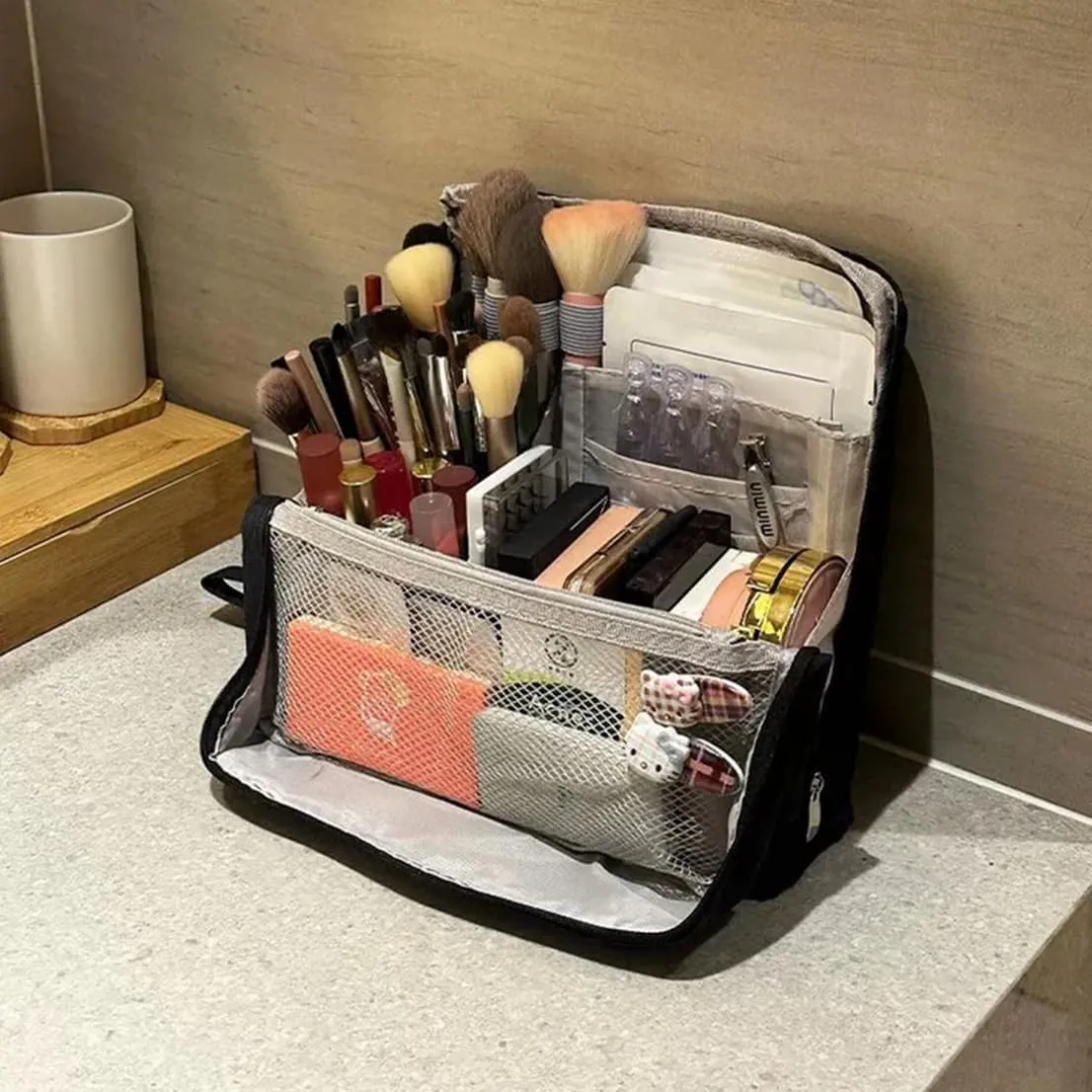 Doresty Makeup Bag, Standing Makeup Bag – Portable, Large Capacity, Multifunctional Travel Makeup Bag with 8 Compartments, Waterproof Cosmetic Toiletry Bags with Handle for Women (Black)