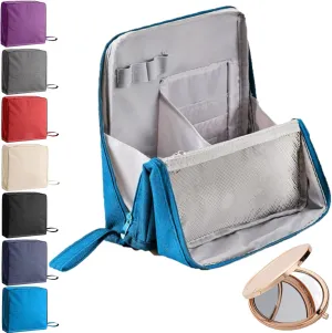 Doresty Makeup Bag, Standing Makeup Bag – Portable, Large Capacity, Multifunctional Travel Makeup Bag with 8 Compartments, Waterproof Cosmetic Toiletry Bags with Handle for Women (Blue)
