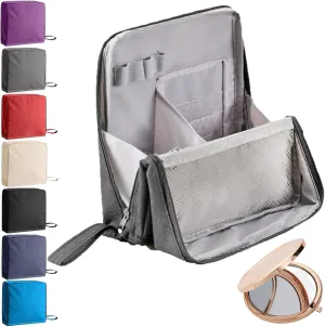 Doresty Makeup Bag, Standing Makeup Bag – Portable, Large Capacity, Multifunctional Travel Makeup Bag with 8 Compartments, Waterproof Cosmetic Toiletry Bags with Handle for Women (Gray)