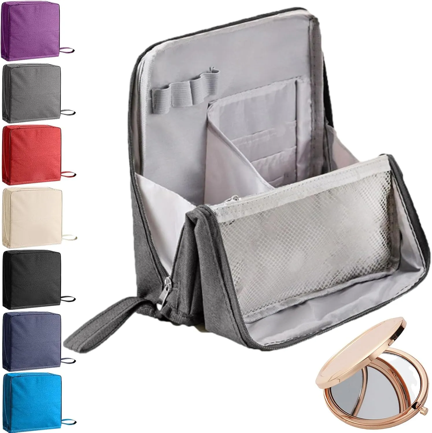 Doresty Makeup Bag, Standing Makeup Bag – Portable, Large Capacity, Multifunctional Travel Makeup Bag with 8 Compartments, Waterproof Cosmetic Toiletry Bags with Handle for Women (Gray)