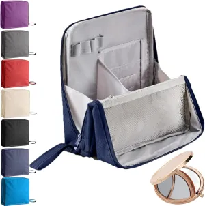 Doresty Makeup Bag, Standing Makeup Bag – Portable, Large Capacity, Multifunctional Travel Makeup Bag with 8 Compartments, Waterproof Cosmetic Toiletry Bags with Handle for Women (Navy Blue)