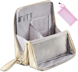 Doresty Makeup Bag, Standing Makeup Bag Portable, Multi-purpose Large Capacity Oxford Cloth Standing Make Up Bag, Waterproof Cosmetic Toiletry Bag with 8 Compartments (Beige)