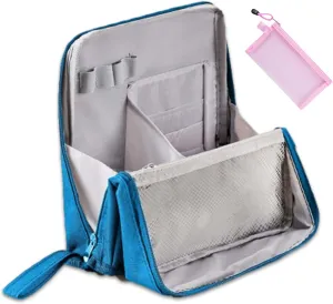 Doresty Makeup Bag, Standing Makeup Bag Portable, Multi-purpose Large Capacity Oxford Cloth Standing Make Up Bag, Waterproof Cosmetic Toiletry Bag with 8 Compartments (Blue)