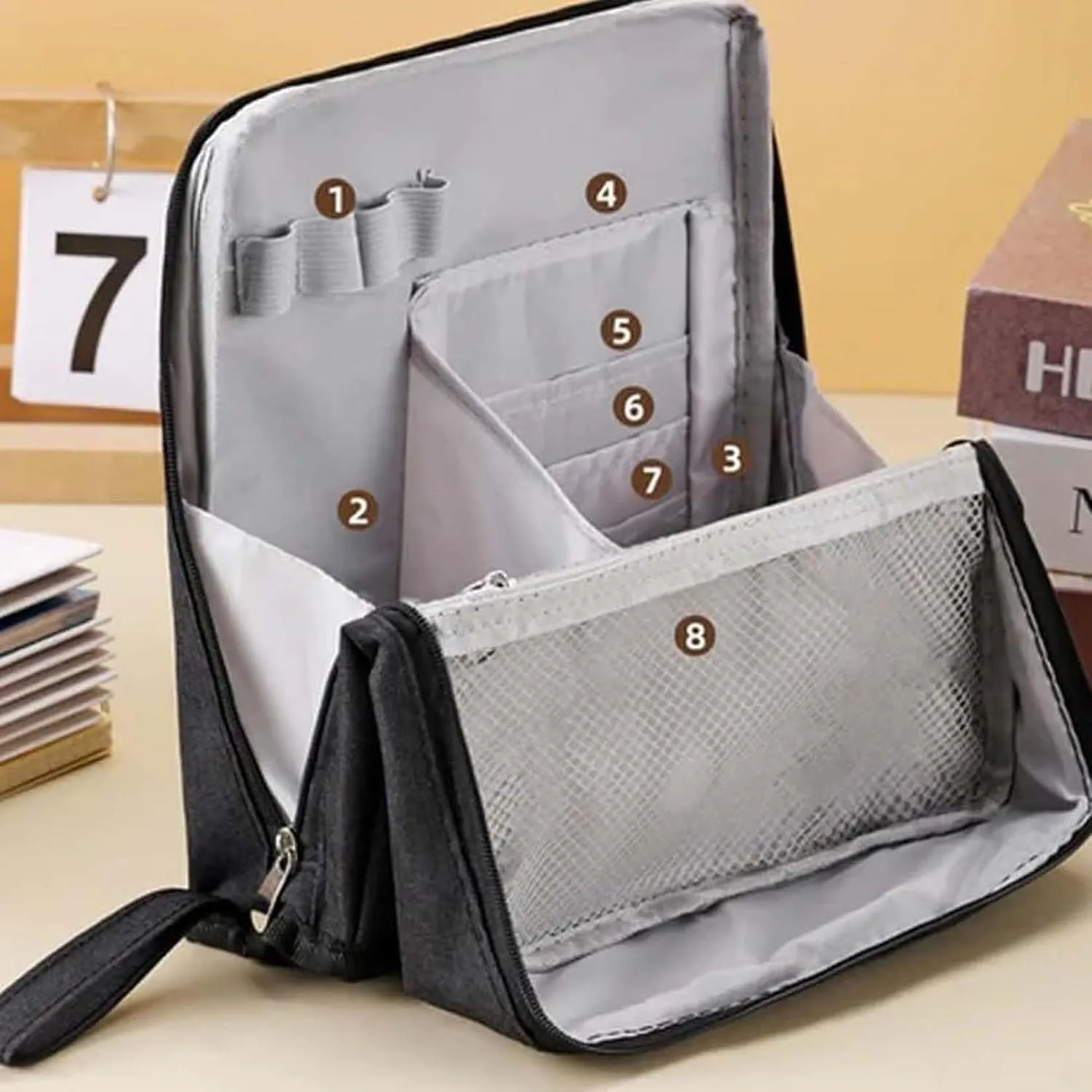 Doresty Makeup Bag, Standing Makeup Bag Portable, Multi-purpose Large Capacity Oxford Cloth Standing Make Up Bag, Waterproof Cosmetic Toiletry Bag with 8 Compartments (Gray)