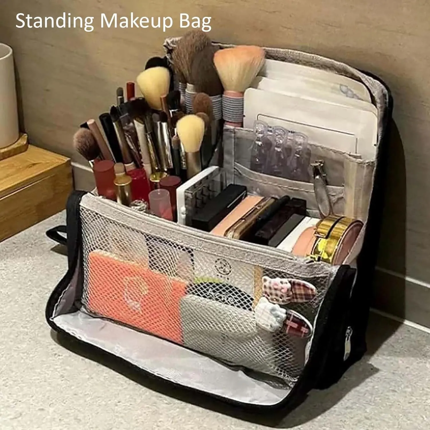Doresty Makeup Bag, Standing Makeup Bag Portable, Multi-purpose Large Capacity Oxford Cloth Standing Make Up Bag, Waterproof Cosmetic Toiletry Bag with 8 Compartments (Gray)