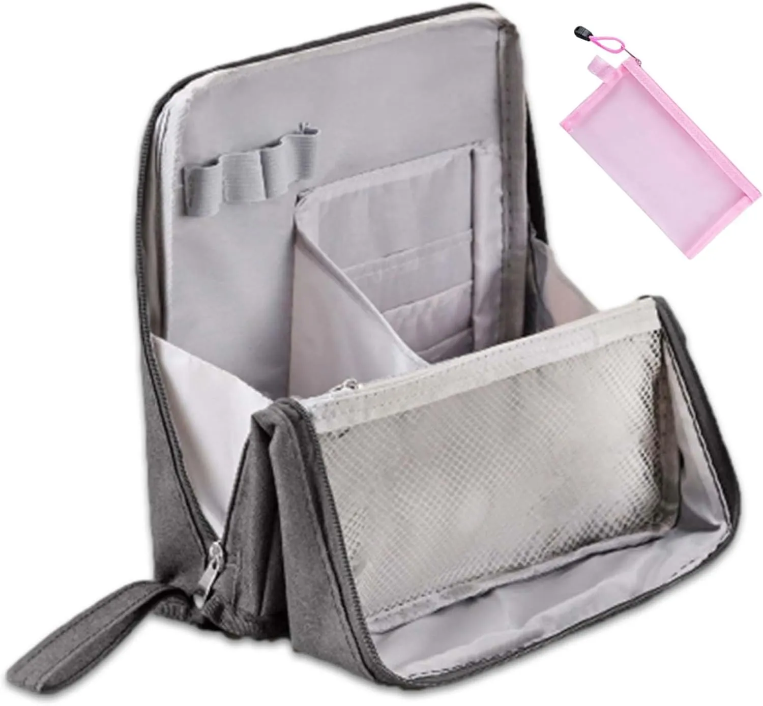 Doresty Makeup Bag, Standing Makeup Bag Portable, Multi-purpose Large Capacity Oxford Cloth Standing Make Up Bag, Waterproof Cosmetic Toiletry Bag with 8 Compartments (Gray)