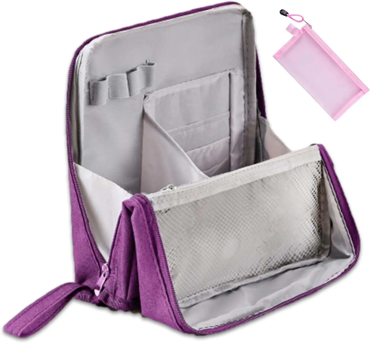 Doresty Makeup Bag, Standing Makeup Bag Portable, Multi-purpose Large Capacity Oxford Cloth Standing Make Up Bag, Waterproof Cosmetic Toiletry Bag with 8 Compartments (Purple)