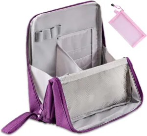 Doresty Makeup Bag, Standing Makeup Bag Portable, Multi-purpose Large Capacity Oxford Cloth Standing Make Up Bag, Waterproof Cosmetic Toiletry Bag with 8 Compartments (Purple)