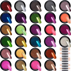 Duufin 28 Colors Chrome Nail Powder Metallic Chrome Powder for Mirror Effect Nails Art Decoration with 28 Pcs Eyeshadow Sticks, 1g/Jar